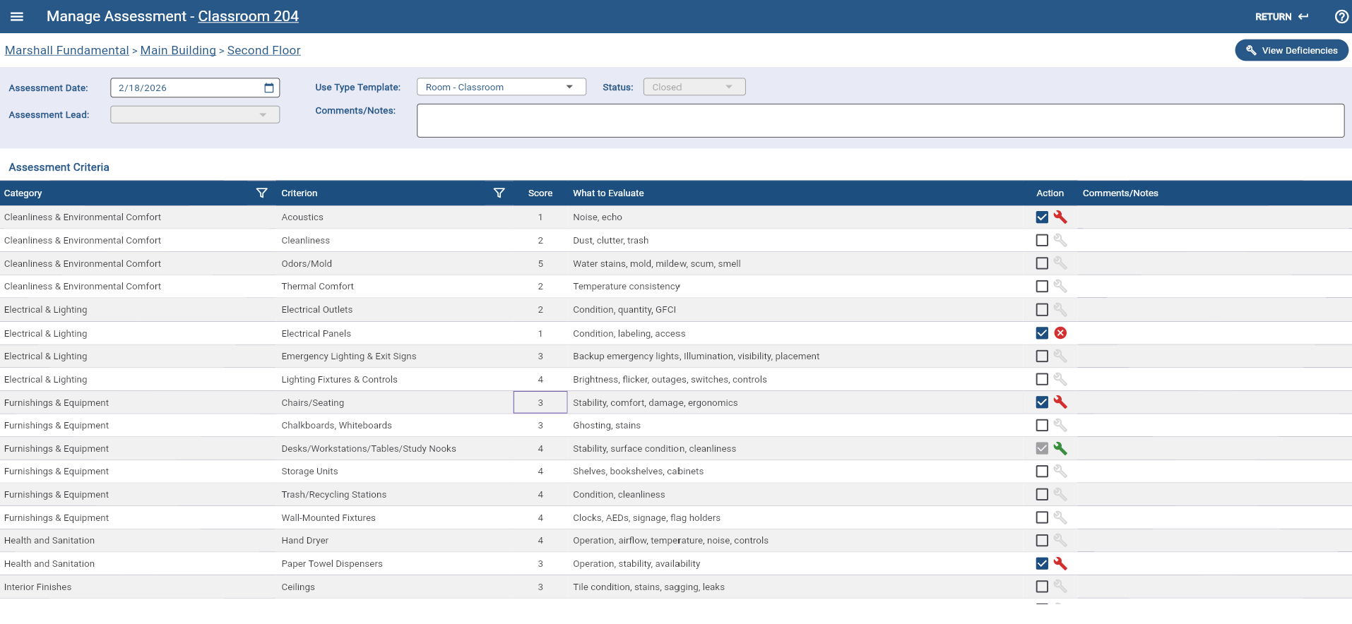 FacPro assessment screen showing assessment criteria and scoring