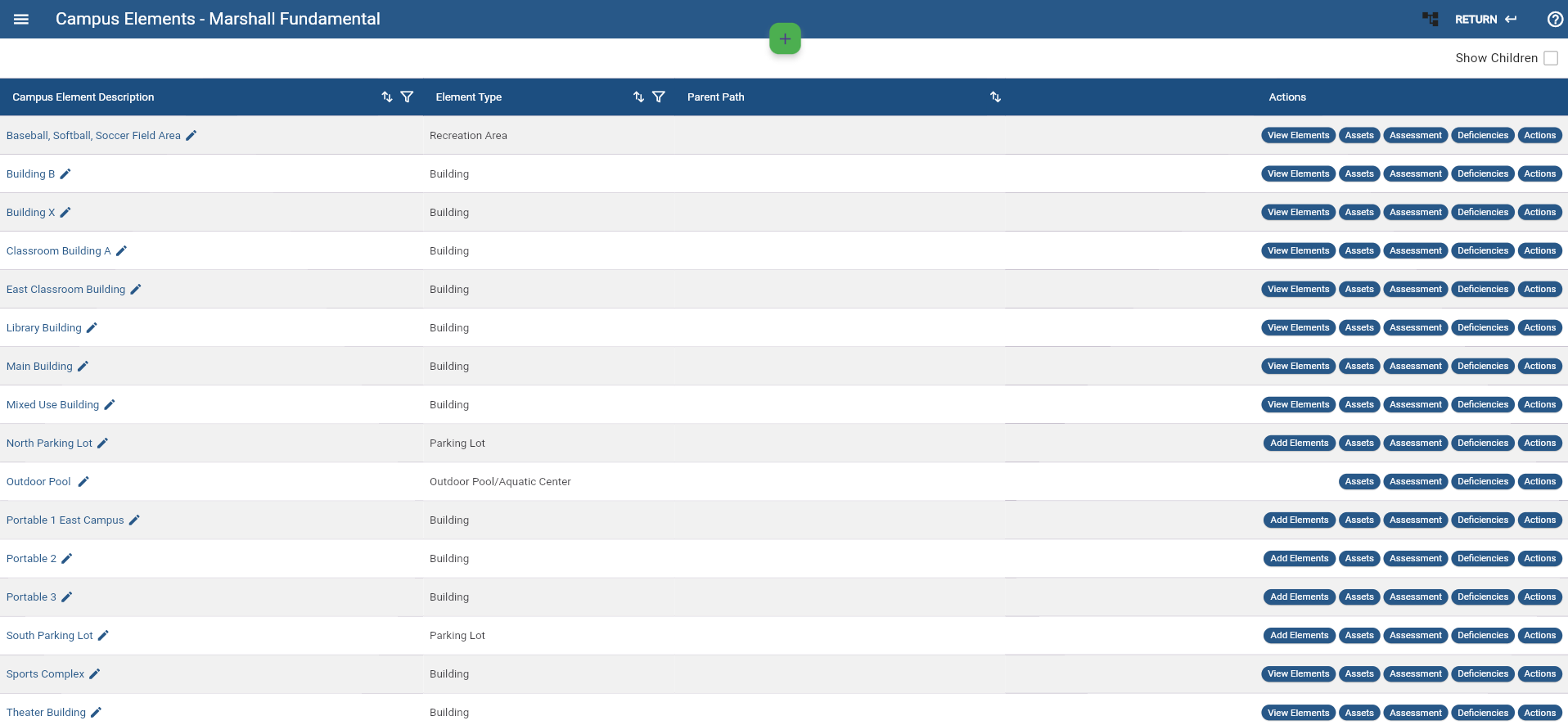 FacPro campus elements screen showing facility hierarchy