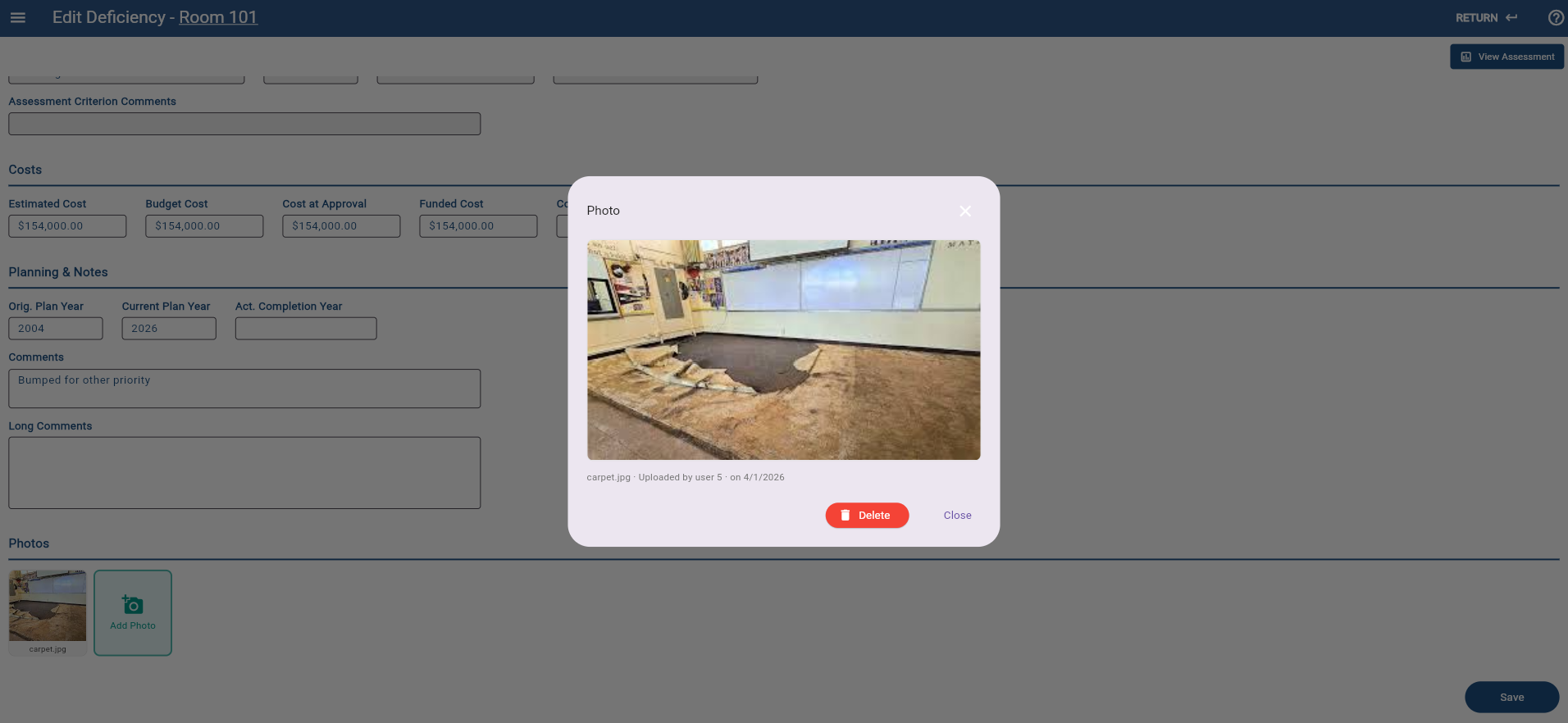 FacPro deficiency screen showing deficiency details, costs, notes, and photos